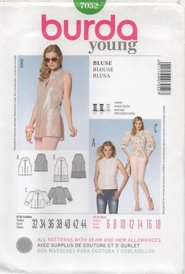 Burda Sewing Pattern 7052 Shirt Top Sleeveless Cut-in or Puff Sleeve Sz 6-18 NEW - Image 1 of 4