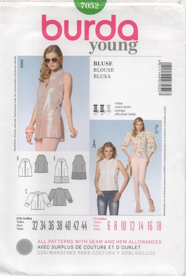 Burda Sewing Pattern 7052 Shirt Top Sleeveless Cut-in or Puff Sleeve Sz 6-18 NEW - Image 1 of 4