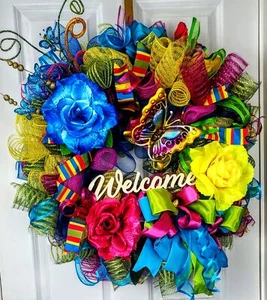 Summer Wreath with Lights XL 30" Colorful Front Door Deco Mesh Floral Decor - Picture 1 of 10