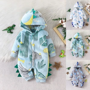 Kid Baby Boy Cartoon Printed Hooded Button Jumpsuit Winter Hoodie Romper Clothes - Picture 1 of 21