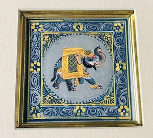 Miniature Framed Painting Elephant Trunk Up India Asian Hindu Holi Jungalow Boho - Picture 1 of 12