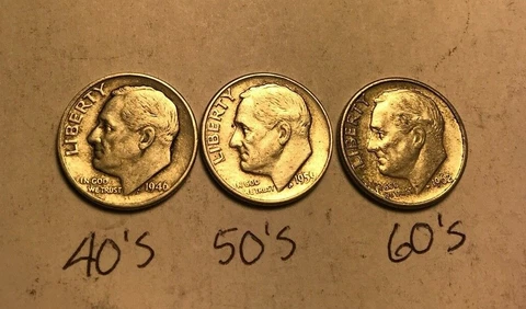 1940's 1950's 1960's Roosevelt Dimes 90% Silver Well Circulated Lot of 3 Decades Cover
