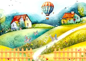 Whimsical Houses ACEO - Air Balloon Butterflies Flowers, Artist Trading Card - Picture 1 of 1