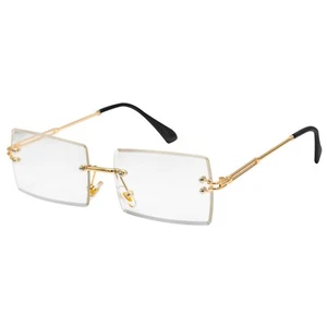 High Quality Blue Light Clear Lens Retro Rectangle Rimless Sunglasses For Men - Picture 1 of 4