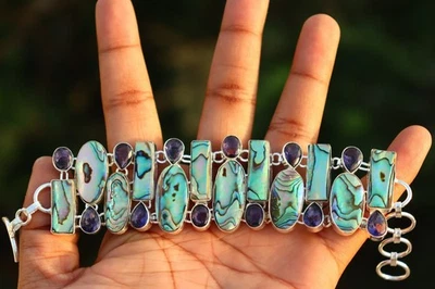 Albone Shell & Amethyst gemstone 925 sterling silver bracelet jewelry Sz 7-8 - Image 1 of 4