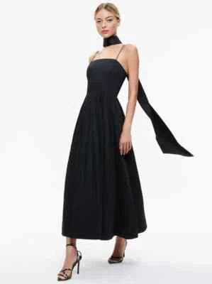 ALICE + OLIVIA Glynis Black Satin Waist Scarf Square Neck Fit Flare Maxi Dress 6 - Image 1 of 4