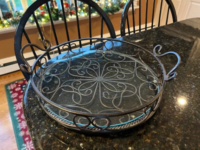 Southern Living at Home Round Jamestown Metal Footed Tray Glass Insert, Vintage - Image 1 of 4