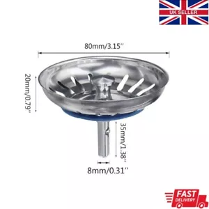 Premium Stainless Steel Replacement Kitchen Sink Strainer Waste Drain Plug 80mm - Picture 1 of 5