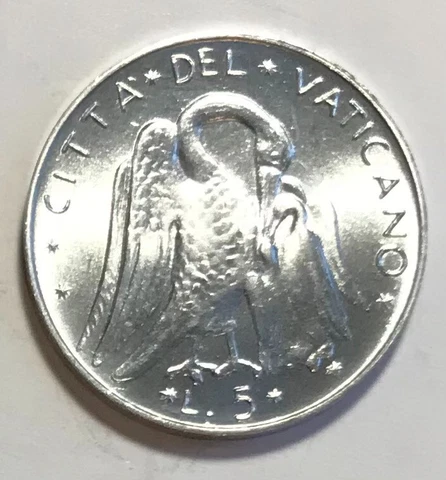 Vatican 5 Lire 1975 - Pelican Piercing Breast to Feed Young - Pope Paul VI - UNC Cover