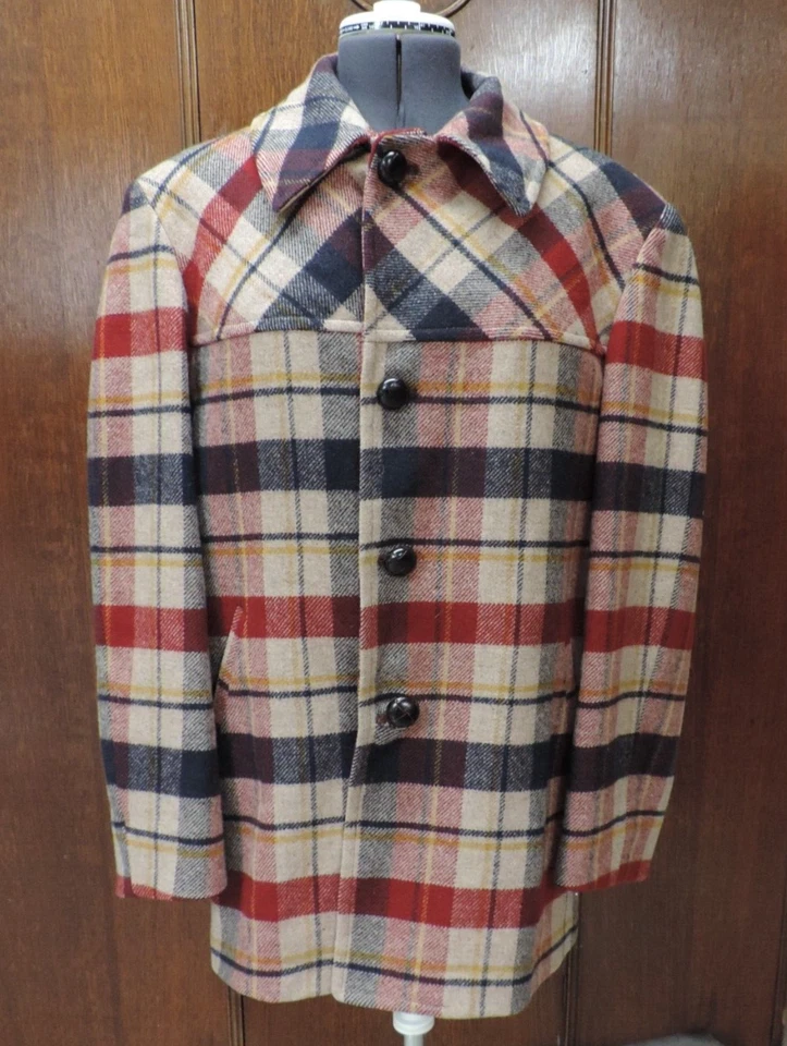 Jaqueta Masculina Pendelton Lã Xadrez Vermelha/Azul/Amarela/Creme Acolchoada Forrada Baú 49" - Imagem 1 de 4