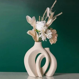 Juego de 2 jarrones de cerámica blanca para decoración moderna del hogar, rosquilla boho nórdica mínima - Imagen 1 de 7