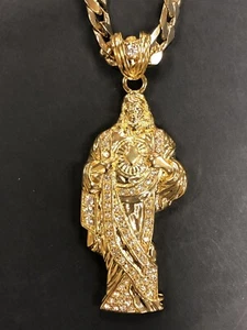 CUBAN Gold 14k Plated LINK 9MM 24" CHAIN With 4" Cubic Stone Jesus Charm - Picture 1 of 7