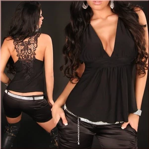 Sexy Negro Club Ropa de Noche Sin Mangas Escote en V Prenda para el torso Encaje Espalda Mujer Nuevo Talla 8 10 - Imagen 1 de 3