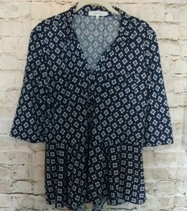 Eden & Olivia Womens Top M Blue White Babydoll Roll Tab Short Sleeves High Low - Picture 1 of 10