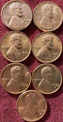 1968S 1969S 1970S 1971S 1972S 1973S 1974S 7 LINCOLN MEMORIAL CENTS UNCIRCULATED - Image 1 of 4