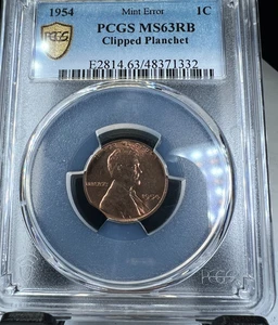 1954 P Lincoln WHEAT Penny Cent, 1C, Clipped Planchet, ERROR PCGS MS 63 RB - Picture 1 of 5