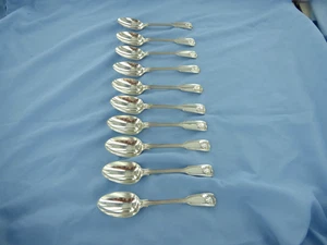 ANTIQUE SET OF TEN STERLING SILVER FIDDLE THREAD & SHELL TEASPOONS.LONDON 1838. - Picture 1 of 11