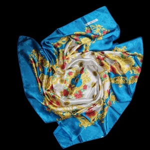 Satin Polyester Scarf Damask Ornate Gold Tourquoise Vibrant 42" X 42"  - Foto 1 di 5