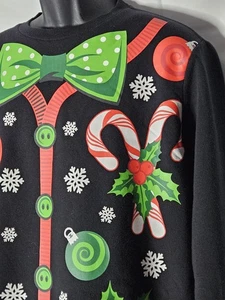 Christmas Sweatshirt Faux Suit Ugly Poinsettia Candy Cane Size Large Black - Picture 1 of 10