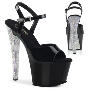 PLEASER SKY-309CHRS Women's Black 7" Heel Platform Ankle Strap Sandal Shoes - Picture 1 of 6