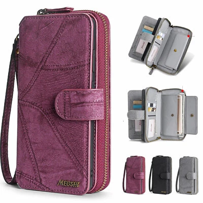 For iPhone 16/15/14/13/12 Pro/11 Magnetic Purse Wallet Case Zipper Card Strap - Image 1 of 4