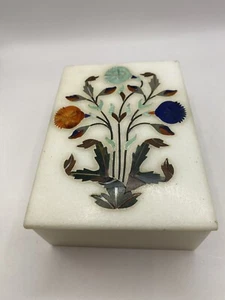 Marble Jewelry/Trinket Box With Semi Precious Stones Inlayed Handcrafted Decor - Picture 1 of 12