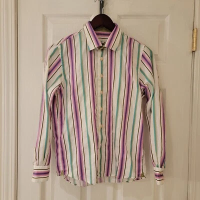 Robert Graham Button Up Shirt Boys Sz Large 14-16 White Purple Stripe Flip Cuff - Image 1 of 4