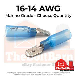 Blue Heat Shrink Marine Grade Male Spade Crimp Connectors Terminals, AWG 16-14 - Picture 1 of 7