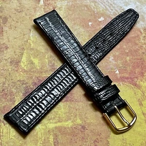 Old stock 1960s gloss black stitched Genuine Teju Lizard 16mm vintage watch band - Picture 1 of 6