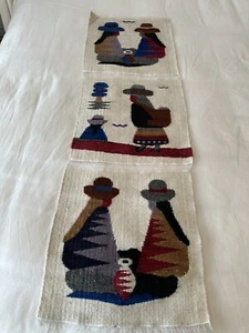 Vtg Mexican Hand Woven Wool Wall Hanging Tapestry Folk Art 15”x48” Triptych - Picture 1 of 24