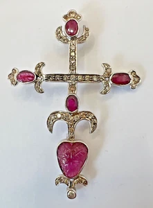 9 K White Gold Cross Pendant with Diamonds and Rubies with Certi. - Picture 1 of 8