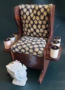 Vtg Wooden Rocking Chair Pin Cushion, Thread Spool Storage With Pin Cushion Owl - Picture 1 of 8