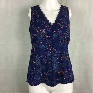 NWT Wonderly Shirt Womens Sz S Blue Pink Floral Button Up V-Neck Tank Sleeveless - Picture 1 of 9