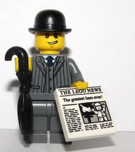 LEGO Business Man Minifigure Grey Suit Bowler Hat Umbrella Newspaper - Picture 1 of 2