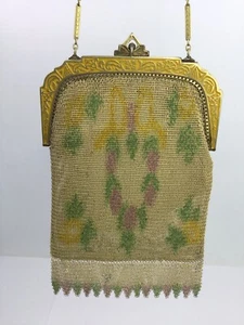 ART DECO MESH ENAMEL HAND BAG WB MIRROR - GOLDEN YELLOW - GREEN - PINK (I1350) - Picture 1 of 12