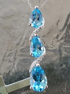 Blue Topaz Labcreated Pear Cut & Diamond Pendant 10kt Solid White Gold  - Picture 1 of 12