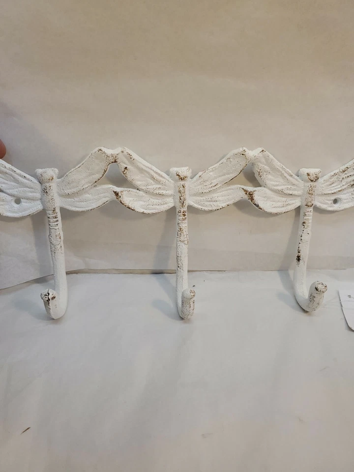 Dragonfly 3 Hook Cast Iron Wall Piece12.75" L Distressed White Rustic Heavy Duty - Изображение 1 из 4