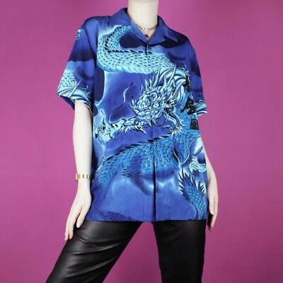 Blusa Top Vintage Años 90 Retro Flame Dragon Anime Y2k Azul Seda Mediana 12 14 Foto 1 de 4