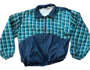 Vintage 90's Honors Sz XL Wind Breaker Green Blue White Plaid Two Tone Full Zip - Picture 1 of 5