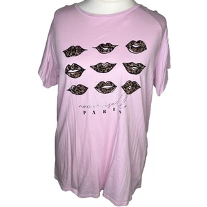 Women's New Look Curves Size 24 Pink Leopard Print Lips Short Sleeve T-Shirt Top - Picture 1 of 6