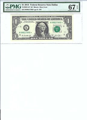 2013 $1 FRN FR3001-K* PMG 67 Gem UNC EPQ, Dallas * Note S/N K09517302*!!! - Image 1 of 2