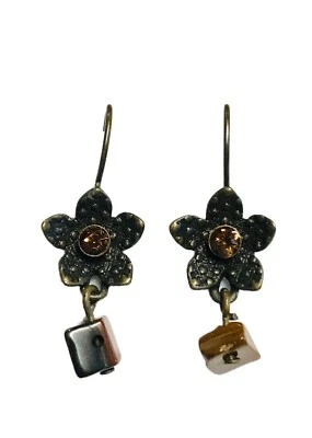 Avon Brown Tiger's Eye Bronze Floral Dangle Earrings Orange Crystal (2007) 1" - Image 1 of 4