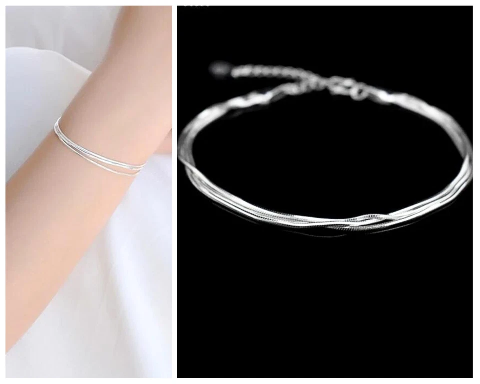 Genuine 925 Sterling Silver Bracelet Triple Layer Snake Chain Minimalist Dainty - Image 1 of 4