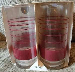 Vintage Set of 4 Libbey Red Clear Striped Glasses 16 Oz Cooler Drinking NEW MCM - Picture 1 of 6
