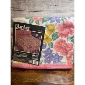 Vintage Floral Blanket Twin Full 72x90 in Ribbon Edge Pink Purple USA Owen - NOS - Picture 1 of 3