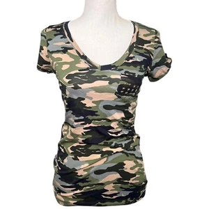 Camouflage V Neck Top Star Studded Fitted Short Sleeve Basic Tee Green Medium - Picture 1 of 6