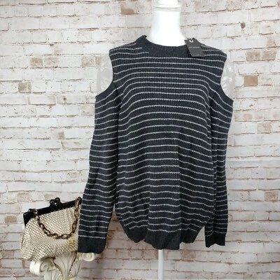 NWT Lucky Brand Size 1X Gray Striped Cold Shoulder Wool Blend Sweater MSRP $79 - Image 1 of 4