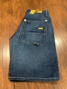 VINTAGE Jean Shorts Mens 32 Blue CLH Hip Hop Embroidered Baggy Skater Jorts 90s - Picture 1 of 7