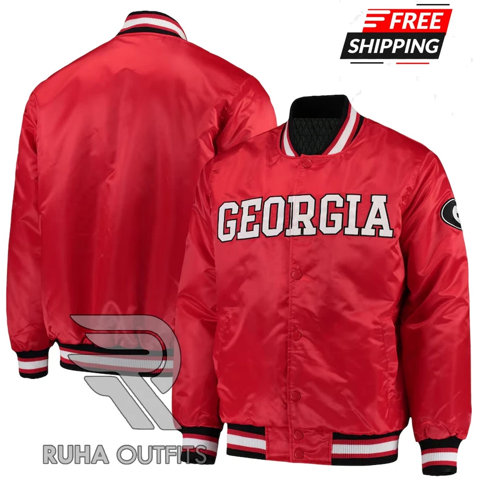 Chaqueta Universitaria Hombre NCAA Georgia Bulldogs Rojo Satinado Clásica Bombardero Lettermen Foto 1 de 4