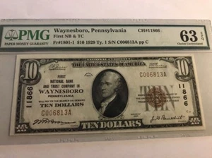 SELTEN HOCHWERTIG 1929 10 $ First National Bank Waynesboro, Pennsylvania PMG 63 - Bild 1 von 5